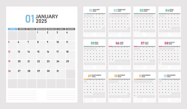 Griglia di calendario vettoriale per il 2025
