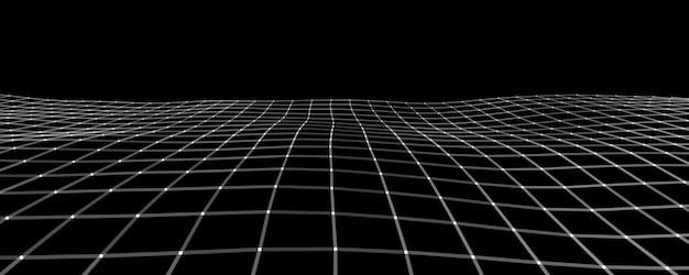 Griglia prospettica vettoriale Sfondo digitale in stile retrò Paesaggio wireframe su sfondo nero