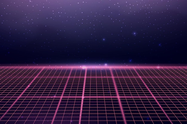 Griglia prospettica wireframe Spazio neon infinity mesh astratto sfondo retrò Illustrazione vettoriale