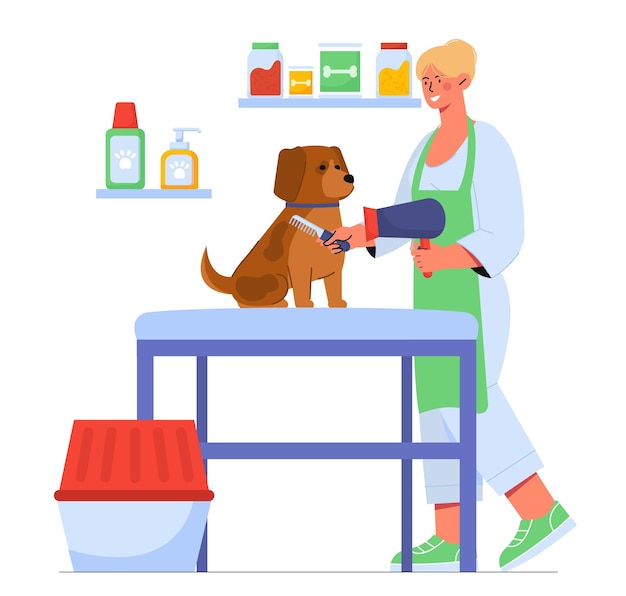 Groomer con concetto di cane donna in uniforme medica con pettine e parrucchiere stilista di bellezza per cucciolo