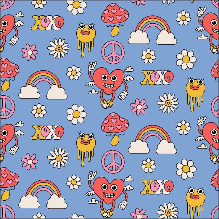 Vettore groovy retrò san valentino amore e cuori mascotte modello senza cuciture carta digitale ripetendo backgro