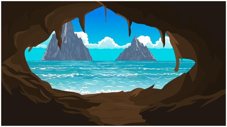 Vettore grotta nella zona della spiaggia del mare e la spiaggia è visibile dalla grotta.
