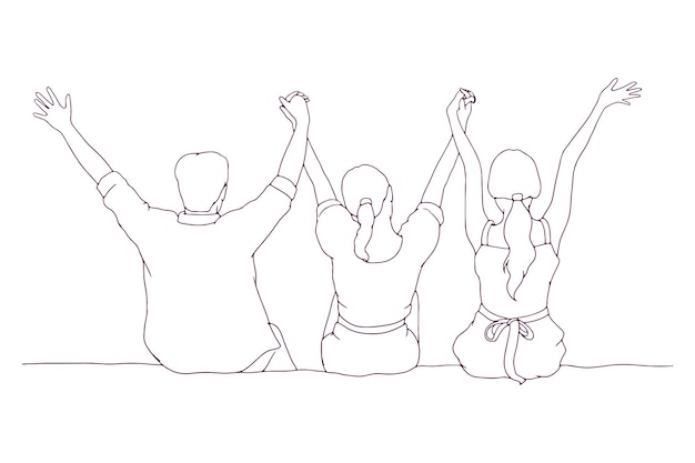 Gruppo di amici seduti insieme e alzando le mani illustrazione vettoriale disegnata a mano