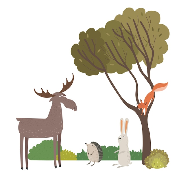Gruppo di animali della foresta alce lepre riccio e scoiattolo