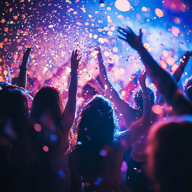 Vettore gruppo di ballo a una vivace festa di capodanno con luci discoteche gruppo di celebrazioni giorno di capedanno nuovo