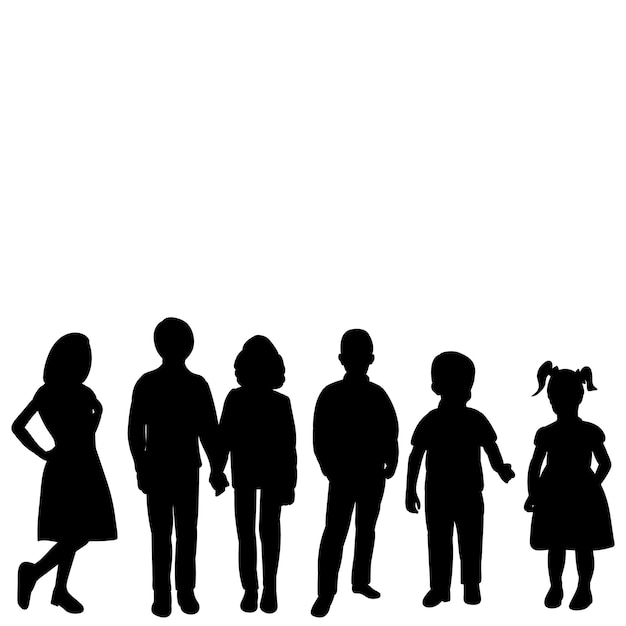 Gruppo di bambini della siluetta nera isolata di vettore