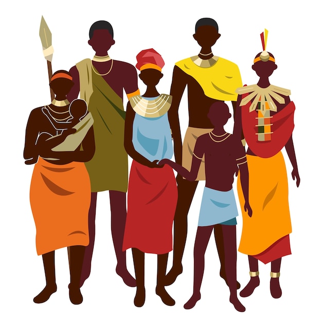 Gruppo di belle popolazioni aborigene o indigene dell'Africa vestite con abiti etnici isolati