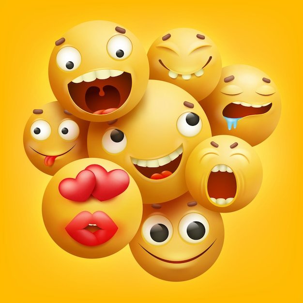 Gruppo di caratteri gialli di emoji del fumetto di smiley in 3D