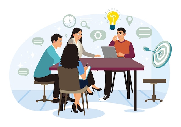 Gruppo di dipendenti che discutono un'idea a tavola