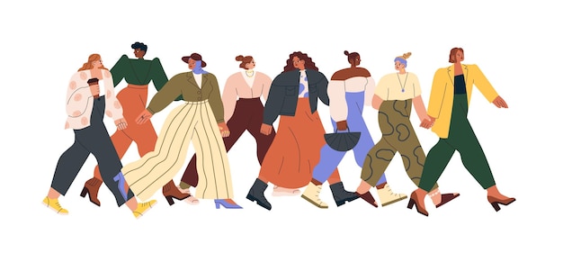 Gruppo di donne diverse che camminano insieme e si tengono per mano. Ragazze forti e coraggiose che sostengono il movimento femminista. Il concetto di sorellanza e femminismo. Illustrazione vettoriale piatta colorata isolata su bianco.