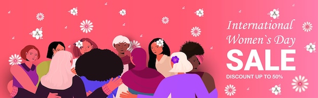 Gruppo di donne in piedi insieme per banner di vendita festa della donna 8 marzo