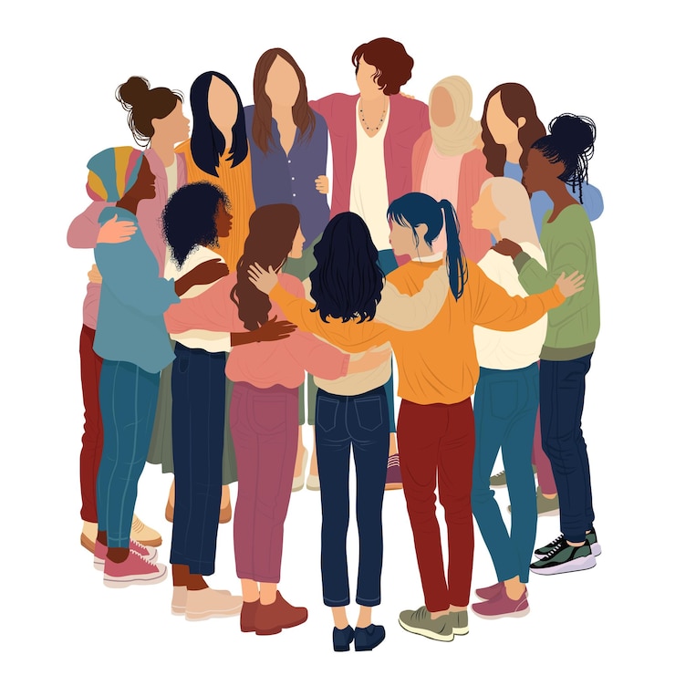 Vettore gruppo di donne multiculturali che si abbracciano in un cerchio diversità inclusione uguaglianza concetto di potere o empowerment delle ragazze giornata internazionale delle donne convertito