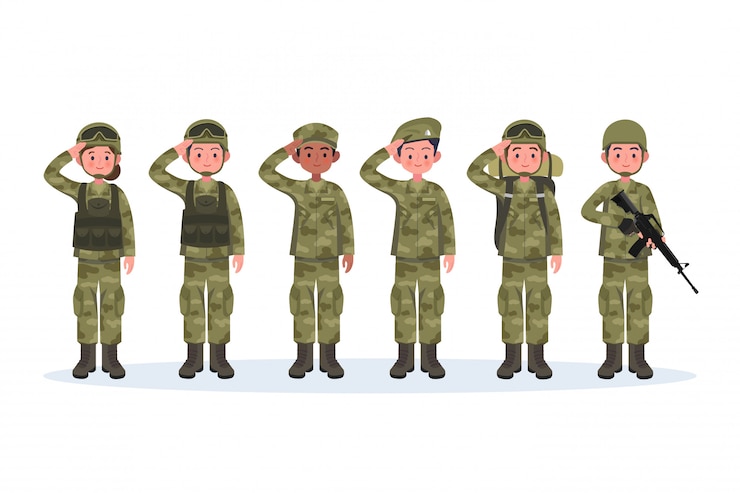 Vettore gruppo di esercito, uomini e donne, in uniforme da combattimento mimetica salutando.