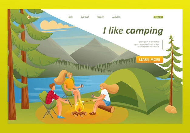 Gruppo di giovani in un campeggio seduto vicino a un fuoco nei boschi Personaggio piatto 2D Concetti della pagina di destinazione e web design