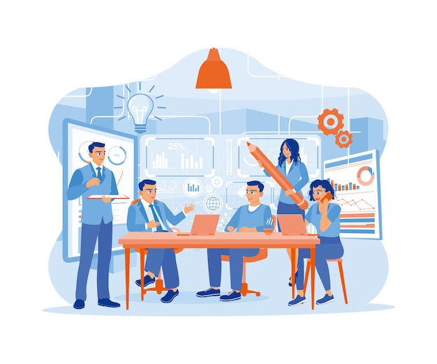 Gruppo di impiegati che lavorano in un ufficio o in uno spazio di coworking Dialogo e comunicazione sul lavoro