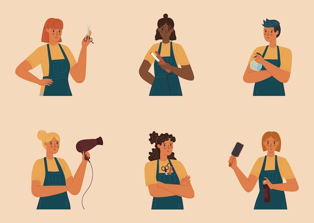 Gruppo di lavoratori di un salone di parrucchiere uomo e donna parrucchiere set vettoriale parrucchiere persone personaggi isolati parrucchiere femminile con un asciugacapelli