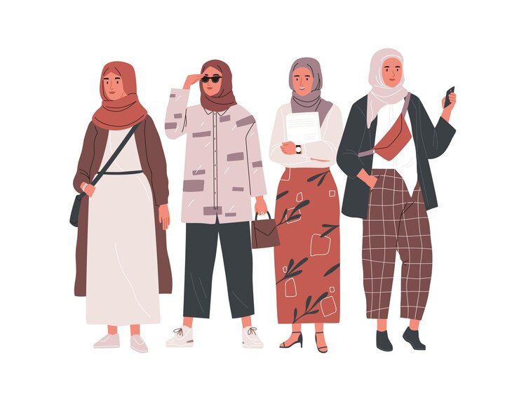 Vettore gruppo di moderne donne musulmane che indossano abiti casual eleganti e alla moda e hijab. personaggi femminili arabi alla moda con copricapi tradizionali. illustrazione vettoriale piatta isolata su sfondo bianco.