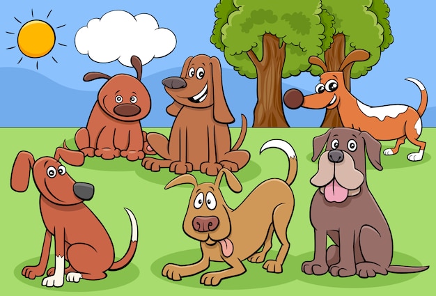 Gruppo di personaggi dei cartoni animati di cani e cuccioli