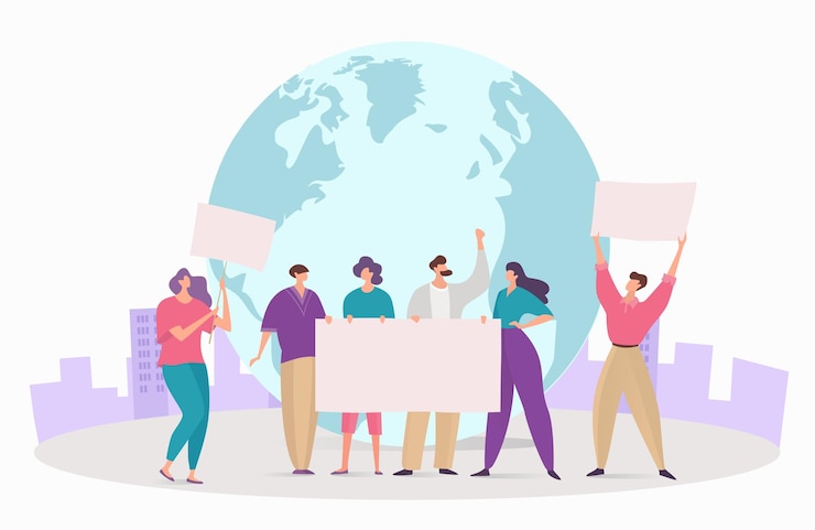 Vettore gruppo di persone carattere tenere banner vuoto protesta dimostrazione ecologia ambiente proteggere piatto vettore illustrazione isolato su bianco