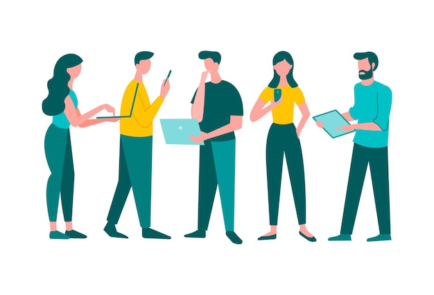 Gruppo di persone con gadget per il brainstorming Discussioni commerciali e dialoghi illustrazione vettoriale