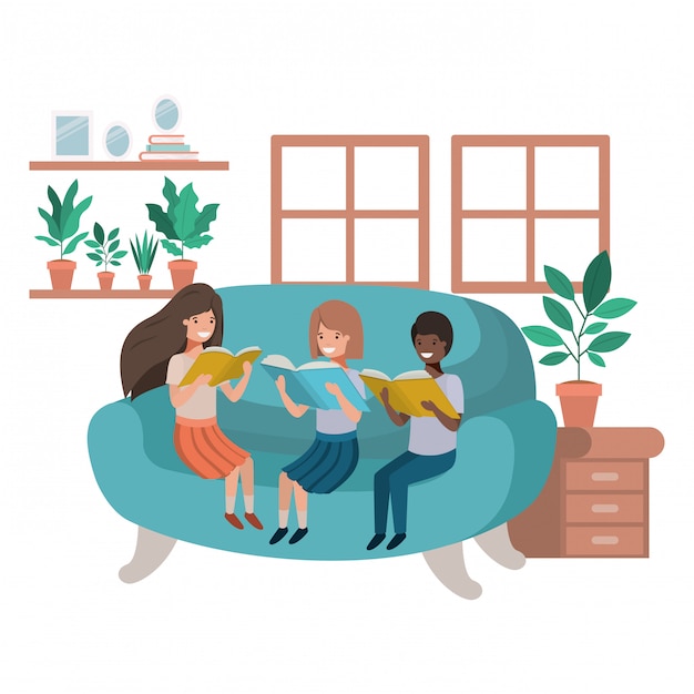 Gruppo di persone con libro nel personaggio avatar soggiorno