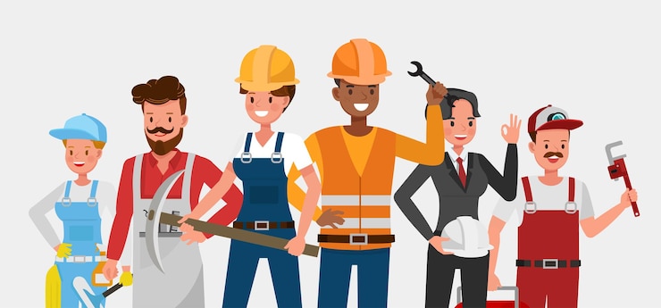 Gruppo di persone disegno vettoriale di carattere diverso lavoro e occupazioni. Festa dei lavoratori.
