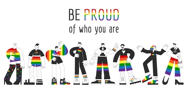 Gruppo di persone gay in piedi con bandiera arcobaleno, simboli lgbtq con citazione motivazionale