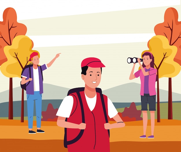 Gruppo di persone turistiche che svolgono attività nell'illustrazione del paesaggio autunnale