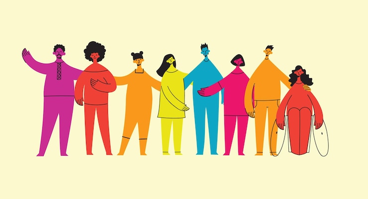 Vettore gruppo di persone uomini donne stanno insieme concetto di diversità uguaglianza tolleranza società multiculturale insieme vettoriale di persone multiculturali