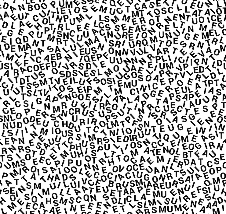 Vettore gruppo di piccole lettere nere sparse casuali che formano un motivo senza cuciture