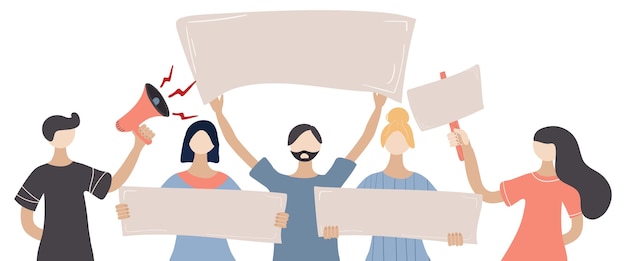 Gruppo di protesta di persone che tengono striscioni vuoti che manifestano attivisti che dimostrano il concetto di vettore di dimostrazione di strada Persone contro la violenza, l'inquinamento, la discriminazione, la violazione dei diritti umani