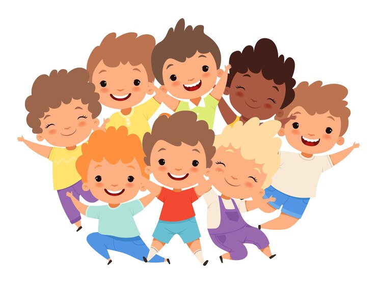 Gruppo di ragazzi ragazzi gioiosi abbracci etnici bambini maschi amici carini personaggi ritratto cartone animato bambino felice insieme attività