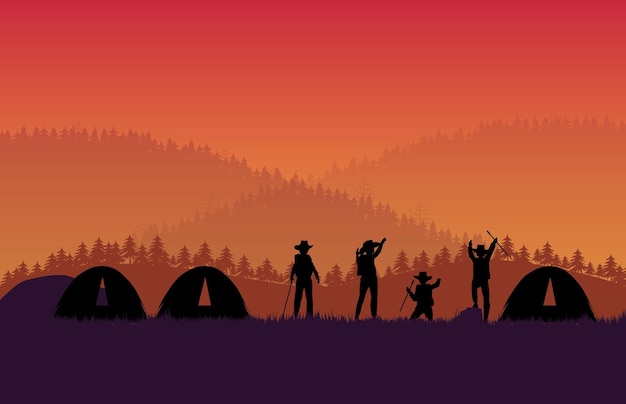 Gruppo di silhouette di viaggiatore escursionista o trekker e tenda su sfondo sfumato arancione