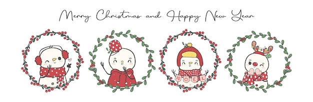 Gruppo di simpatico pupazzo di neve in Natale vischio ghirlanda cartone animato doodle disegnato a mano banner vettoriale