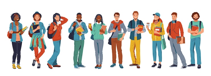 Vettore gruppo di studenti diversi in piedi insieme con libri e zaini
