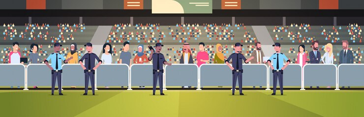 Vettore gruppo di ufficiali di polizia di razza mista che controlla la folla di tifosi sull'arena dello stadio sportivo al supporto di sicurezza del campionato di partite di calcio
