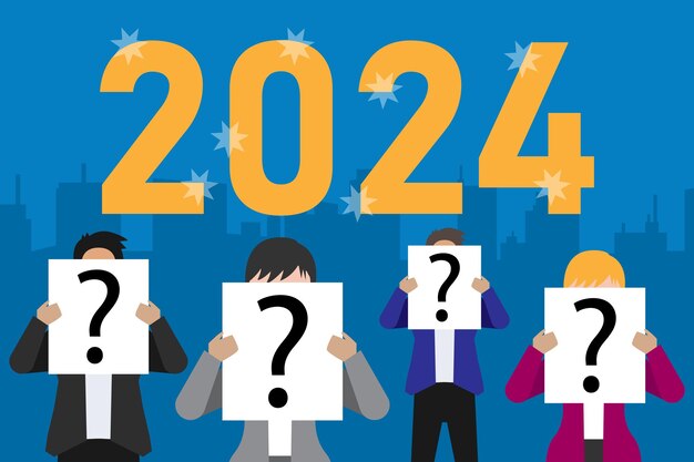 Gruppo di uomini d'affari che si coprono il volto con un punto interrogativo sulla carta mentre si trovano in piedi con il numero 2024