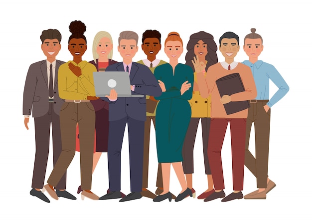 Gruppo di uomini e donne d'affari in giacca e cravatta e panno stile ufficio. Gruppo multietnico professionale di uomini d'affari. Personaggi dei cartoni animati isolati.