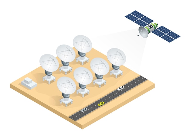 Gruppo isometrico di radiotelescopi, antenne paraboliche satellitari trasmissione dati trasmissione illustrazione vettoriale isolato su sfondo bianco.