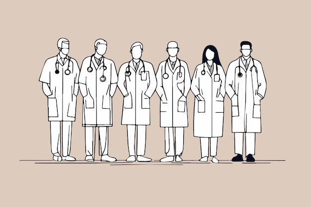 Gruppo Medial Doctors Team Work Illustrazione vettoriale a linea sottile.