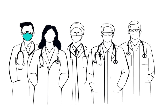 Gruppo Medial Doctors Team Work Illustrazione vettoriale a linea sottile.