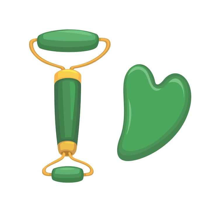 Vettore gua sha jade roller messaggio facciale strumenti set simbolo vettore di illustrazione di cartoni animati
