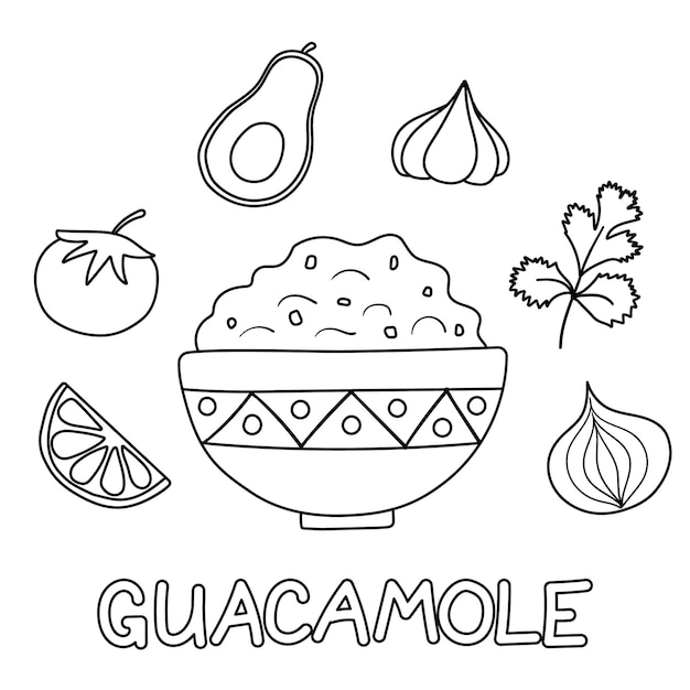 Guacamole di salsa di avocado messicano con ingredienti crudi freschi Illustrazione vettoriale piatta