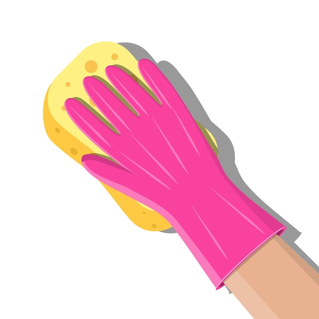 Guanti a mano con parete di lavaggio in spugna in bagno o in cucina. Servizio di pulizia. Spugna di lavaggio. Pagliette per stoviglie. Accessori per utensili per la pulizia della cucina e del bagno. Illustrazione vettoriale in stile piatto