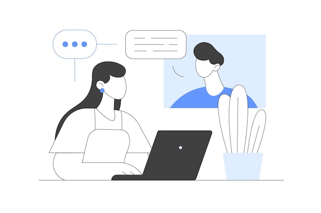 Guardare lo schermo del computer e parlare con il collega online Home Office Woman Working Vector