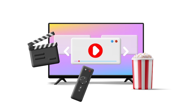 Vettore guardare un film in tv a casa in relax servizio di raccolta contenuti video playlist popcorn