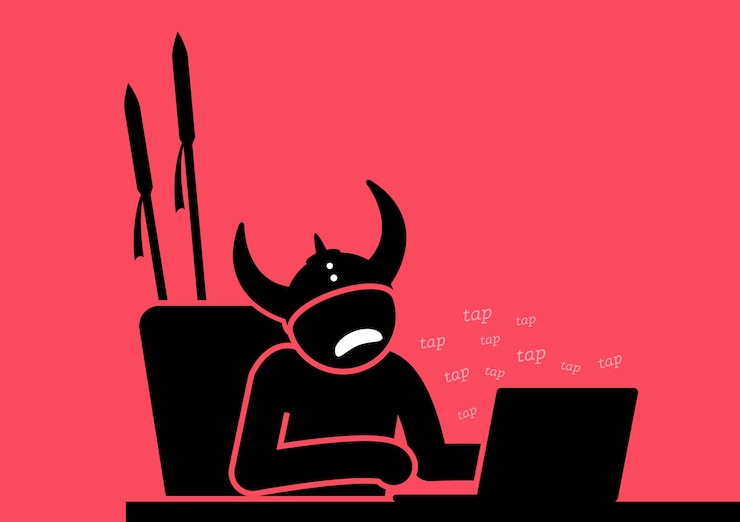 Vettore guerriero della tastiera di internet. l'illustrazione dell'opera d'arte raffigura il concetto di sedizione online