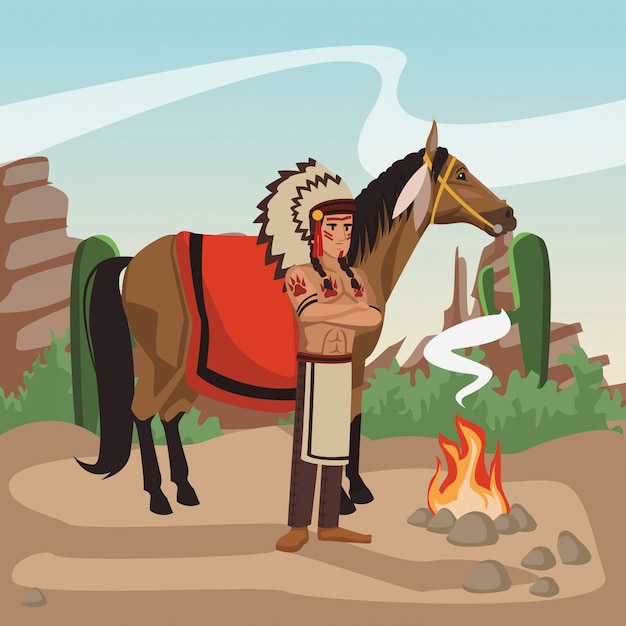 Guerriero indiano americano a cavallo al villaggio