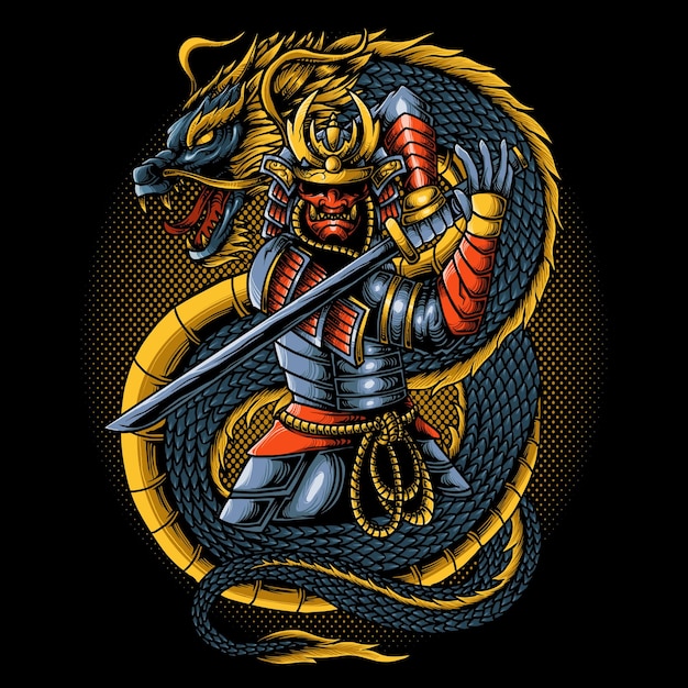 Guerriero samurai giapponese con illustrazione vettoriale drago