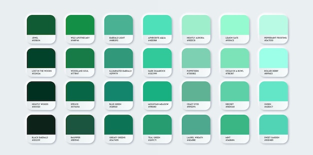 Guida ai colori verde smeraldo Palette con nomi di colori Catalogo di campioni verde blu con codice RGB e nome